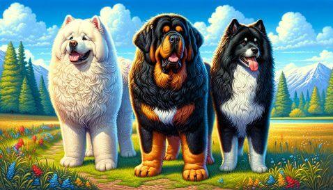 A Tibetan Mastiff, Black Russian Terrier, and Samoyed